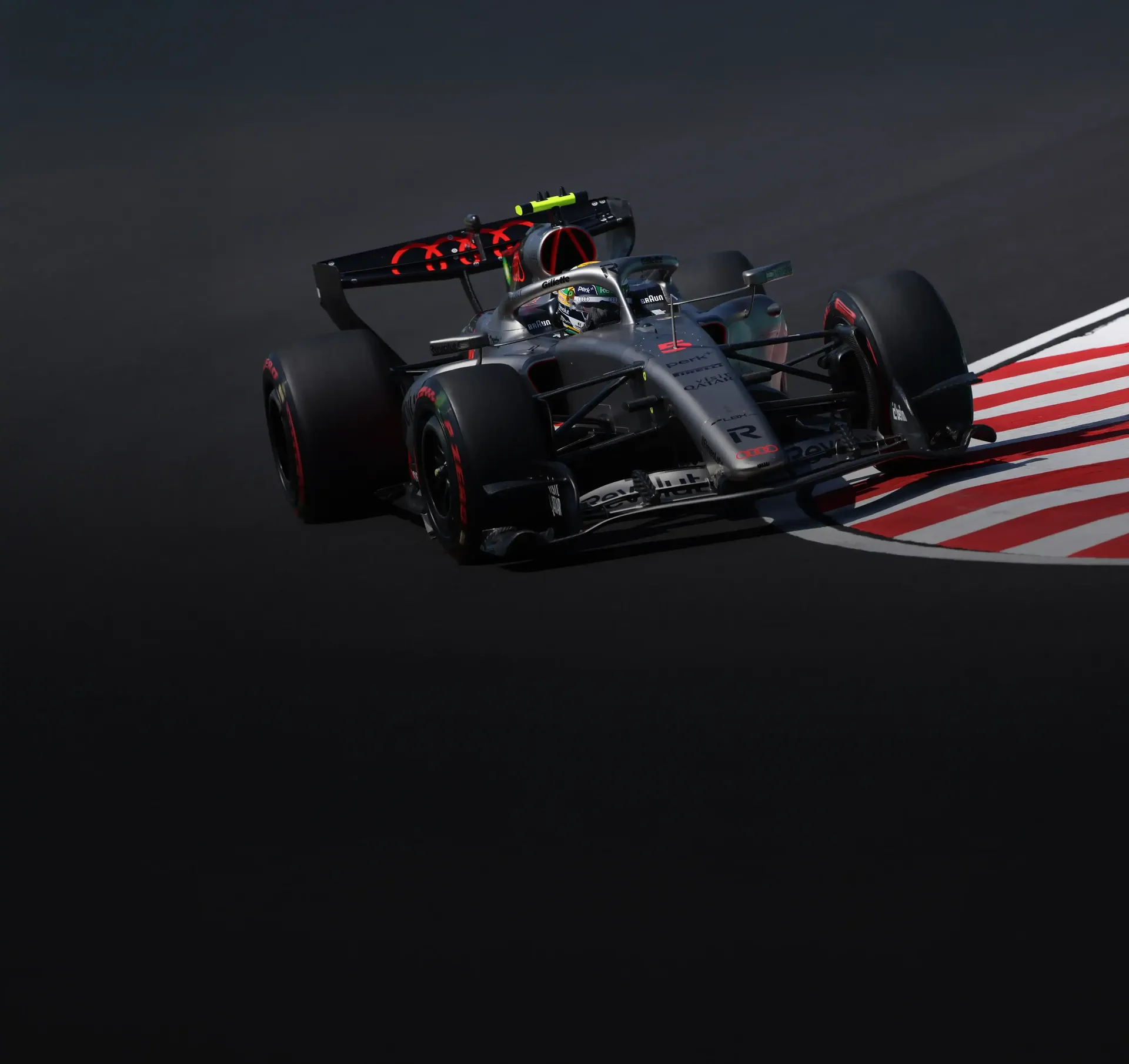 Frontal sideview of the Audi Revolut F1® Team car on the racetrack at the Japanese Grand Prix in Japan Suzuka