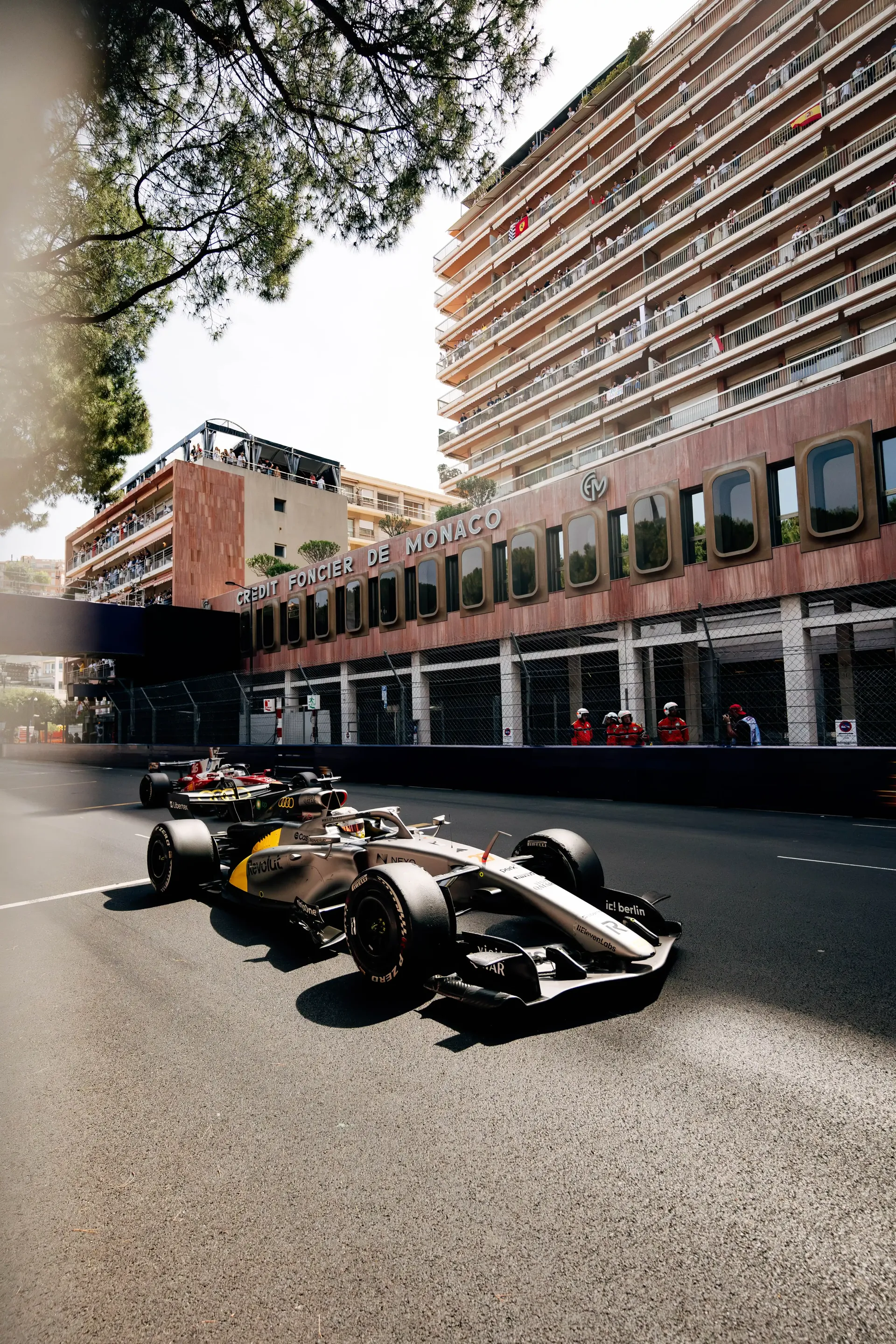 Side view of the Audi Revolut F1® Team car R26  at the Monaco Grand Prix 2026 on the race track.