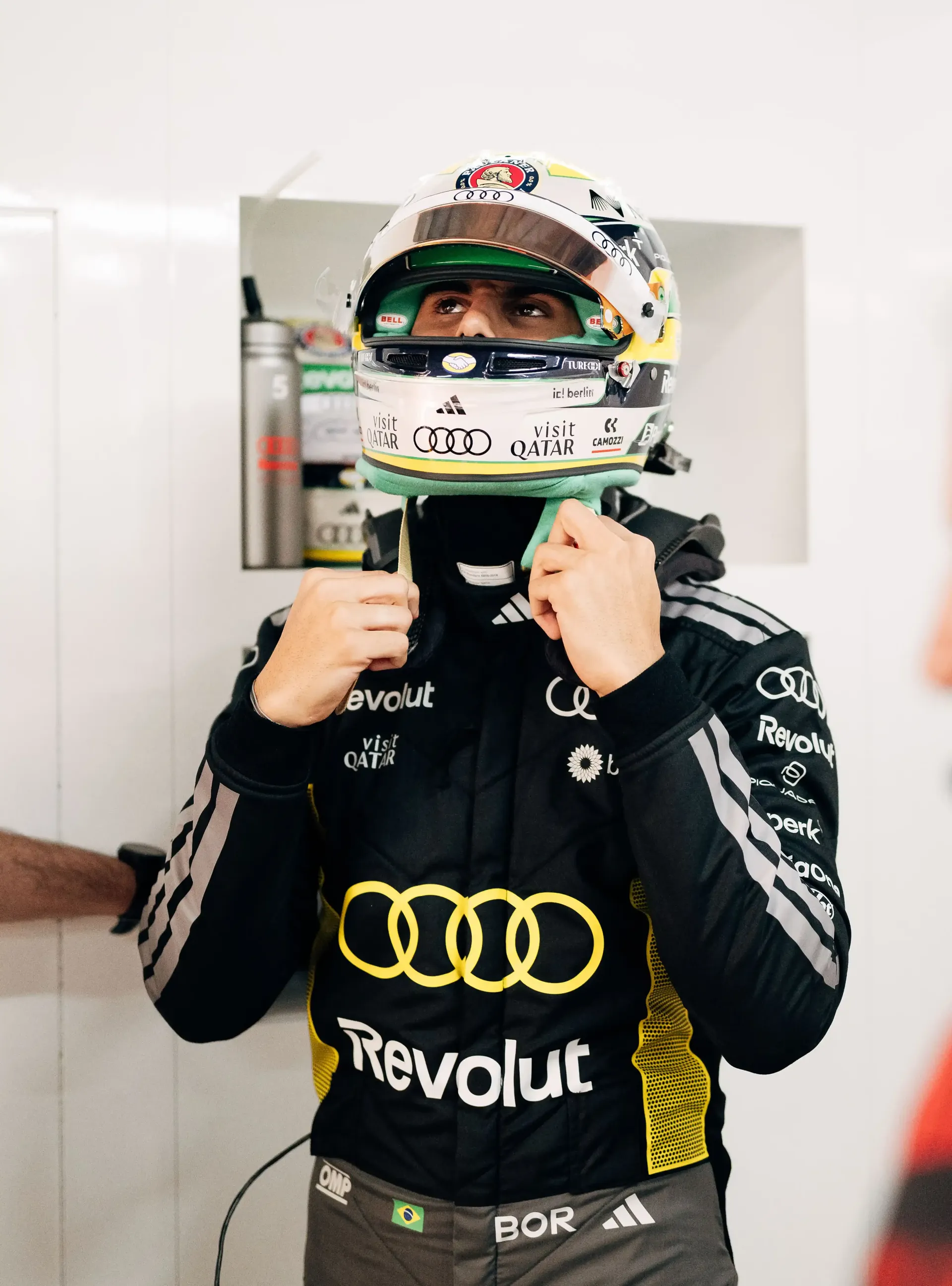 Gabriel Bortoleto driver at the Audi Revolut F1® Team inside the garage the Monaco Grand Prix 2026