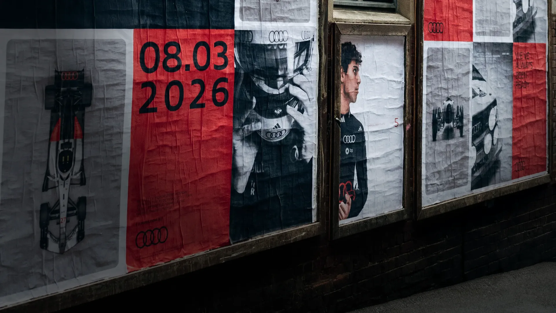 Poster of Melbourne 2026 Australian GP Event in an alley on a brick wall from thge Audi Revolut F1® Team debut Australia